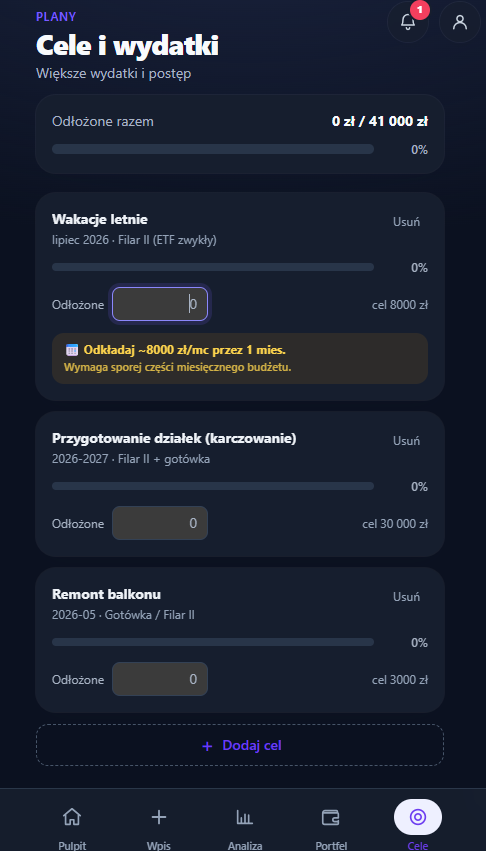 Cele i wydatki w GrapeVest — lista celów z postępem odkładania