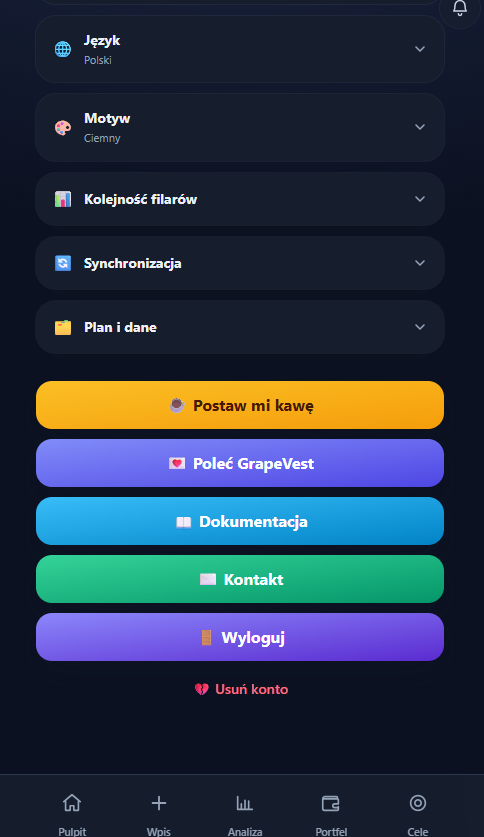 Ustawienia GrapeVest — preferencje, konto, wsparcie i dane